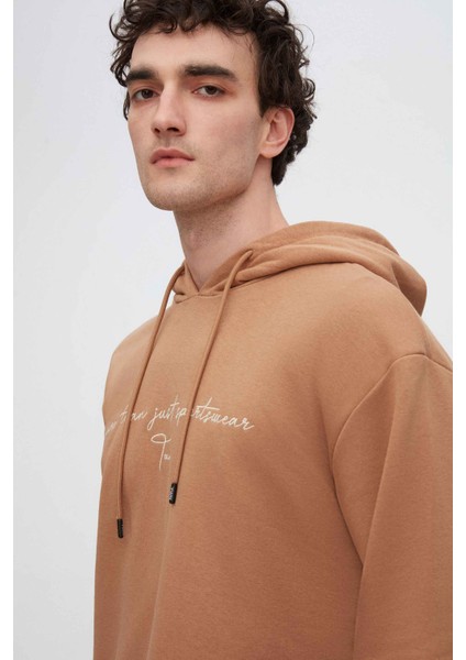 Relaxed Fit Tütün Nakışlı 3 Iplik Kapüşonlu Sweatshirt