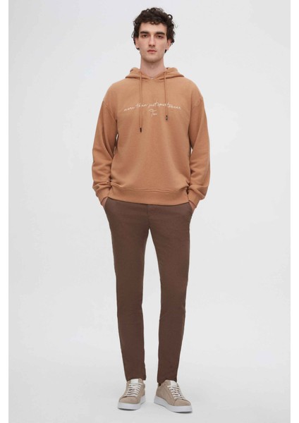 Relaxed Fit Tütün Nakışlı 3 Iplik Kapüşonlu Sweatshirt