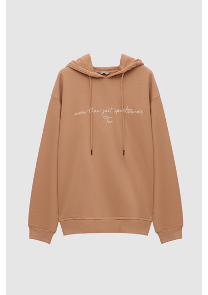 Relaxed Fit Tütün Nakışlı 3 Iplik Kapüşonlu Sweatshirt