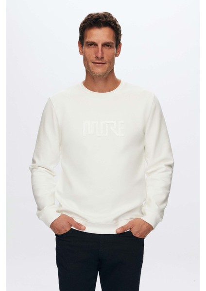 Slim Fit Ekru Baskılı Sweatshirt