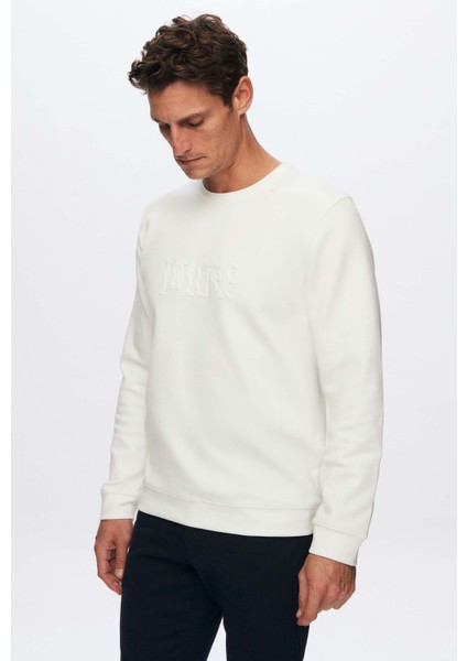 Slim Fit Ekru Baskılı Sweatshirt