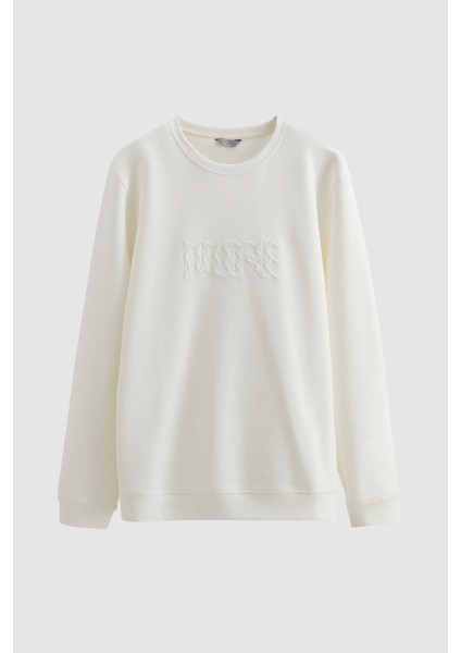 Slim Fit Ekru Baskılı Sweatshirt