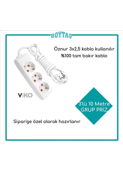 3'lü 10 Metre Grup Priz-Beyaz(Öznur 3*2,5 Kablo Kullanılır) // Fırın ve Isıtma Için Özel Hazırlanır //