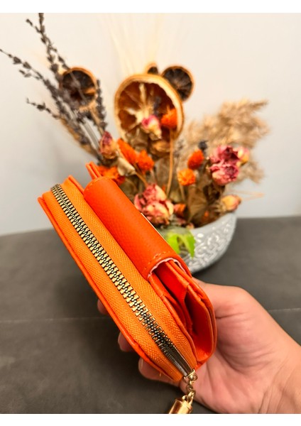 Turuncu Renk Gold Kapama Detaylı Fermuarlı Çok Bölmeli Kadın Cüzdan Aksesuar