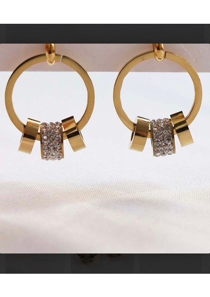 Çelik Gold Sallantılı Charm Küpe Taşlı Halka Küpe Pandora Tarzı Küpe