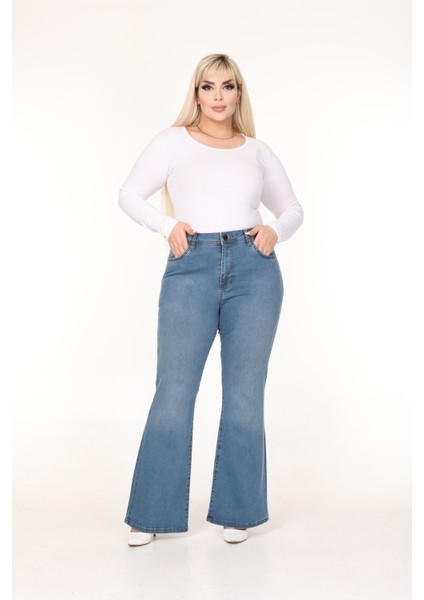 E Collection Ispanyol Paça Likralı Büyük Beden Jeans Pantolon