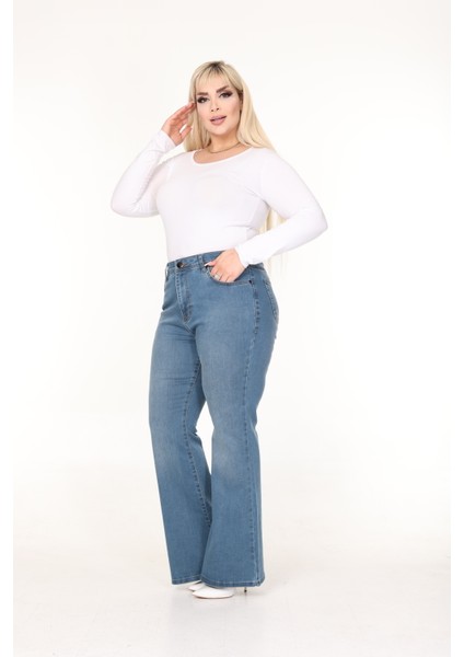 E Collection Ispanyol Paça Likralı Büyük Beden Jeans Pantolon