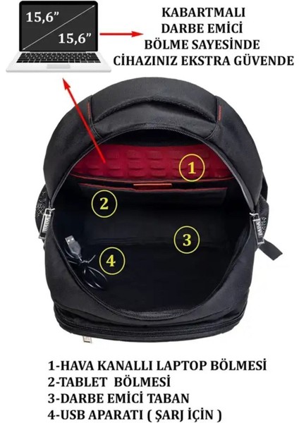 Dada Darbe Emici USB Aparatlı Su Geçirmez Kumaş 15.6 Inç 5 Bölmeli Ped Korumalı Sırt Çantası indirimleri