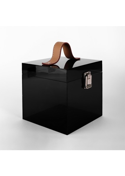 Box Onyx Pleksi Makyaj Çantası Füme-Siyah Saten Keseli -15x15x15 Cm