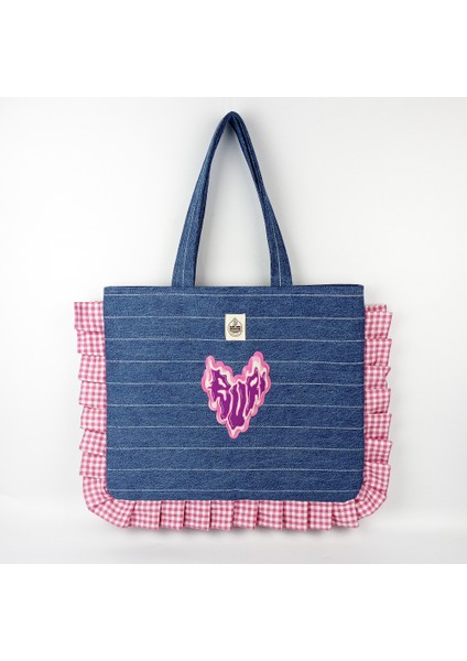 Tasarım Pötikare Fırfırlı Kalp Figürlü Kot Çanta