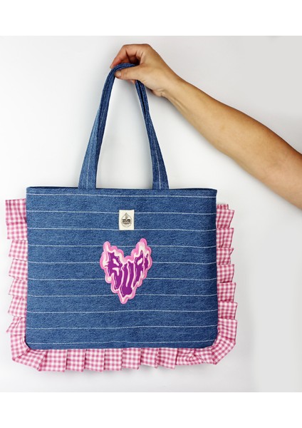 Tasarım Pötikare Fırfırlı Kalp Figürlü Kot Çanta modelleri