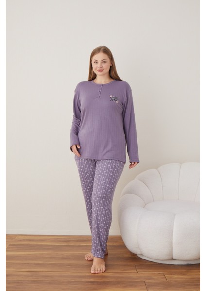 Kadın Kışlık Büyük Beden Curve Nakışlı Desenli Yakası Düğmeli Uzun Kollu Pijama Takımı modelleri