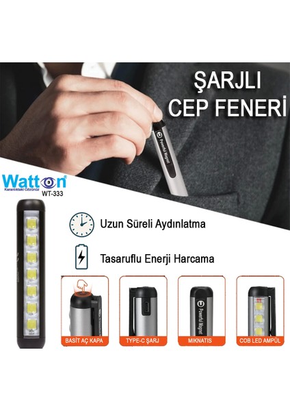 Type-C Girişli Mıknatıslı Şarjlı Cep Feneri WT-333