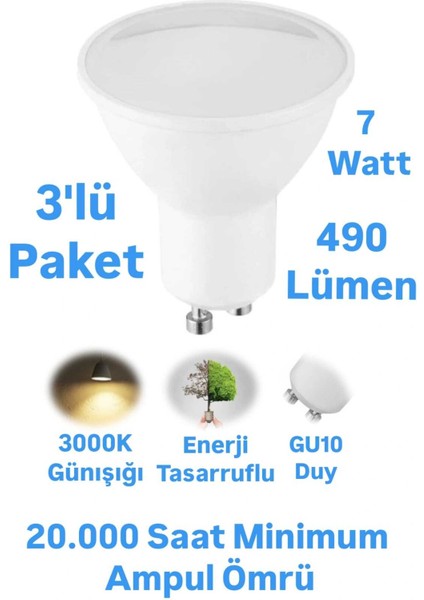 ERKLED 7W GU10 LED Ampul Günışığı 490 Lümen Spot Ampul 220 Volt