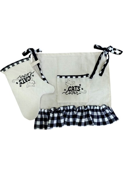 Kedi Lover Nakışlı, Fırfırlı, Buldan Keten Fırın Önlüğü (Örtüsü) ve Eldiveni