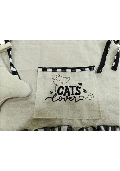 Kedi Lover Nakışlı, Fırfırlı, Buldan Keten Fırın Önlüğü (Örtüsü) ve Eldiveni fiyatları