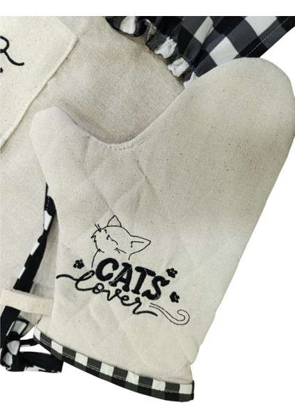 Kedi Lover Nakışlı, Fırfırlı, Buldan Keten Fırın Önlüğü (Örtüsü) ve Eldiveni modelleri