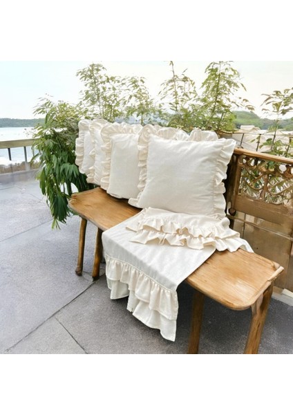 Keten Bohem Fırfırlı Vintage 4 Kare Yastık Kılıfı ve 1 Çift Kat Fırfırlı Runner Set