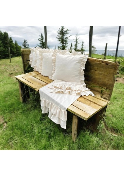 Keten Bohem Fırfırlı Vintage 4 Kare Yastık Kılıfı ve 1 Çift Kat Fırfırlı Runner Set modelleri