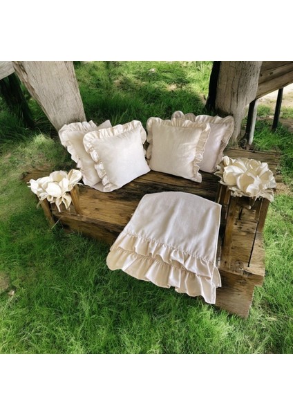 Keten Bohem Fırfırlı Vintage 4 Kare Yastık Kılıfı ve 1 Çift Kat Fırfırlı Runner Set fırsatları