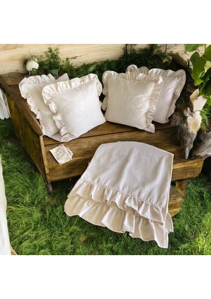 Keten Bohem Fırfırlı Vintage 4 Kare Yastık Kılıfı ve 1 Çift Kat Fırfırlı Runner Set indirimleri