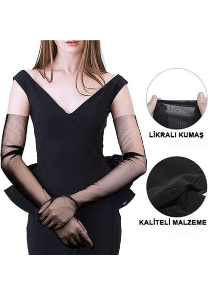 Uzun Boy Likralı Siyah Yetişkin Mega Tül Eldiven