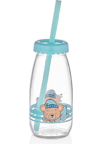 Pipetli Cam Şişe, Çocuk Şişesi, Sevimli Ayıcık Desenli Pipetli Cam Şişe - 250 ml Turkuaz