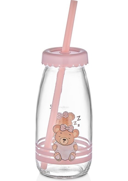 Pipetli Cam Şişe, Çocuk Şişesi, Sevimli Ayıcık Desenli Pipetli Cam Şişe - 250 ml - Pudra fırsatları