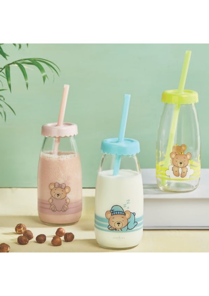 Pipetli Cam Şişe, Çocuk Şişesi, Sevimli Ayıcık Desenli Pipetli Cam Şişe - 250 ml - Pudra indirimleri