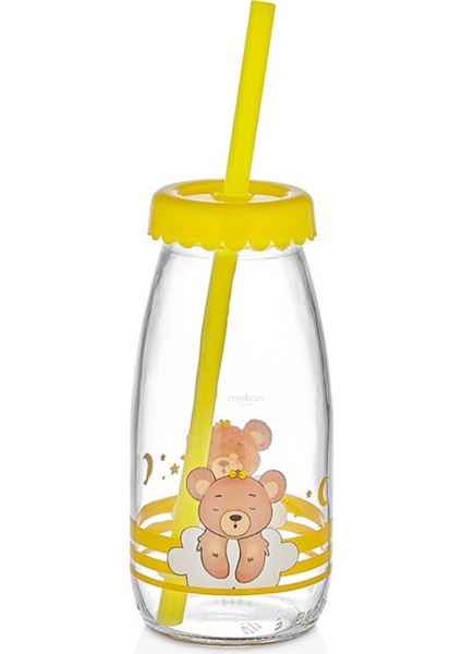 Pipetli Cam Şişe, Çocuk Şişesi, Sevimli Ayıcık Desenli Pipetli Cam Şişe 1 Adet - 250 ml - Sarı