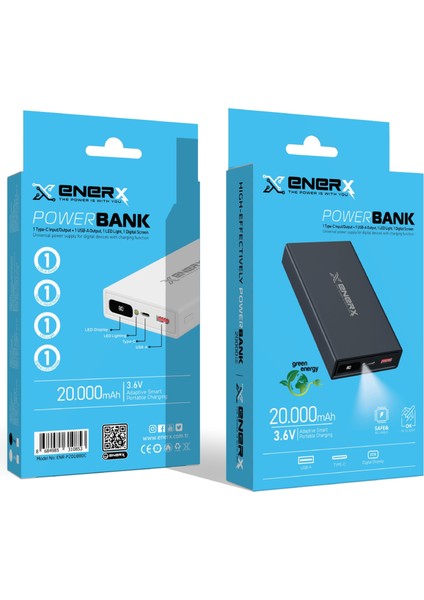 Powerbank 20000 mAh 2.1 Amper Dijital Göstergeli ENR-P20188DC Siyah