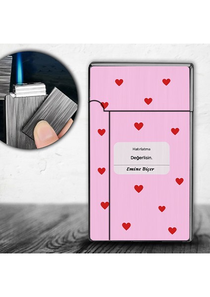 Kişiye Özel İsimli Gazlı Rüzgar Geçirmez Çakmak Pembe Kalpler Kalp Baskılı fiyatları