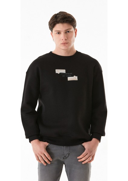 3 Iplik Kabartma Baskılı Bisiklet Yaka Sweatshirt