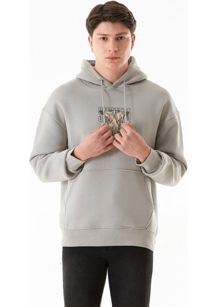 3 Iplik Yazı ve Kuş Baskılı Kapüşonlu Sweatshirt