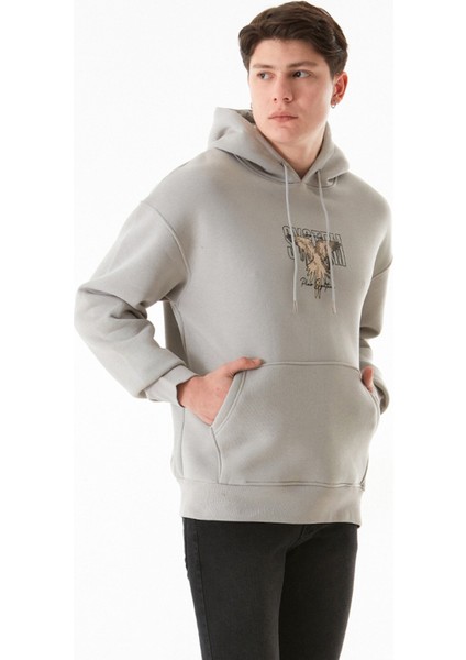 3 Iplik Yazı ve Kuş Baskılı Kapüşonlu Sweatshirt