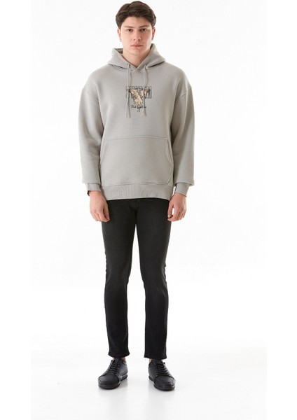 3 Iplik Yazı ve Kuş Baskılı Kapüşonlu Sweatshirt