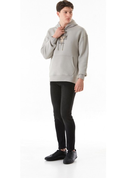 3 Iplik Yazı ve Kuş Baskılı Kapüşonlu Sweatshirt