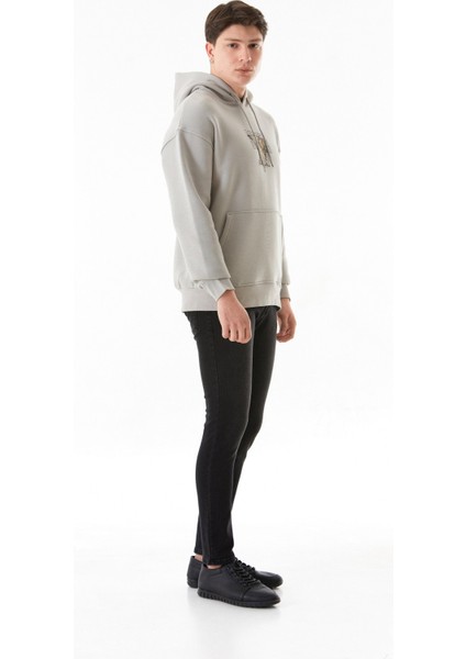 3 Iplik Yazı ve Kuş Baskılı Kapüşonlu Sweatshirt