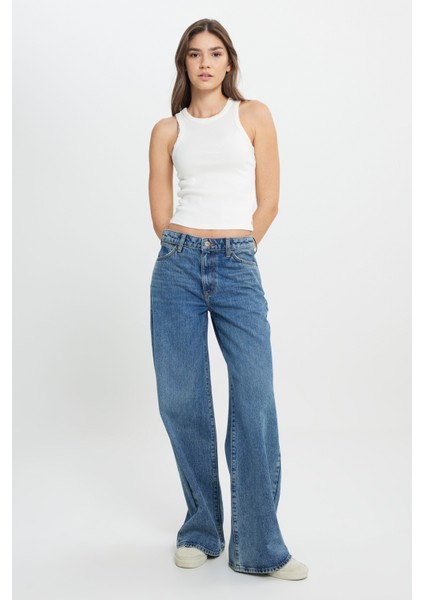 Wide Leg Yüksek Bel Geniş Paça %100 Pamuk Mavi Jean Denim Pantolon