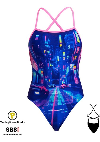 Stp Cyber City Kadın Yüzme Mayosu - Çift Çapraz Sırt, Klor Dirençli, Ekolojik Tasarım