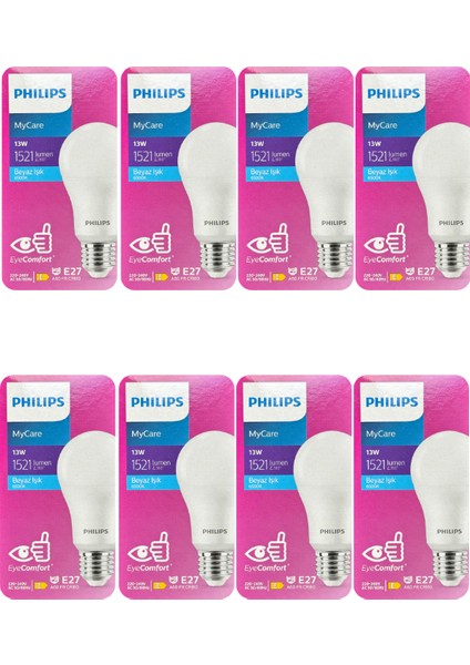 13W (100W) 6500K (Beyaz Işık) E27 Duylu LED Ampul (8 Adet)