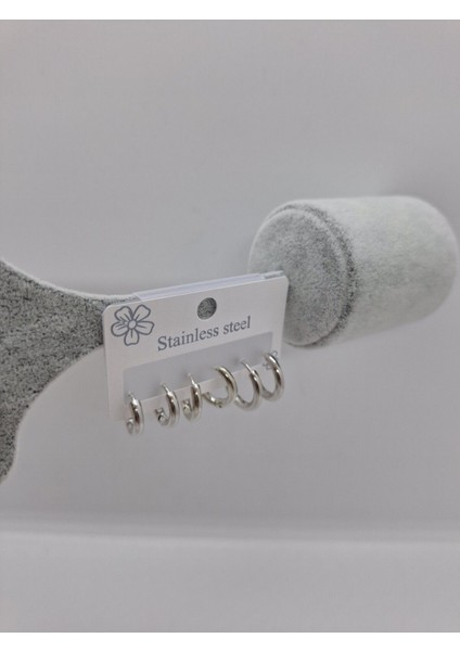 Çelik Halka Küpe Seti 6 Lı Gümüş Rengi modelleri