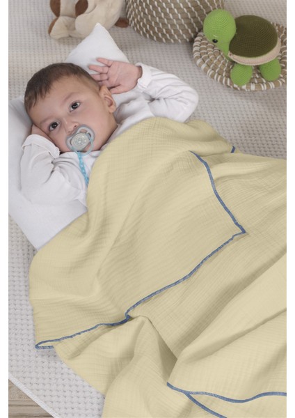 Dört Katlı Müslin Bebek Battaniyesi 120X120 cm Bej Mavi fırsatları