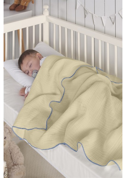 Dört Katlı Müslin Bebek Battaniyesi 120X120 cm Bej Mavi indirimleri