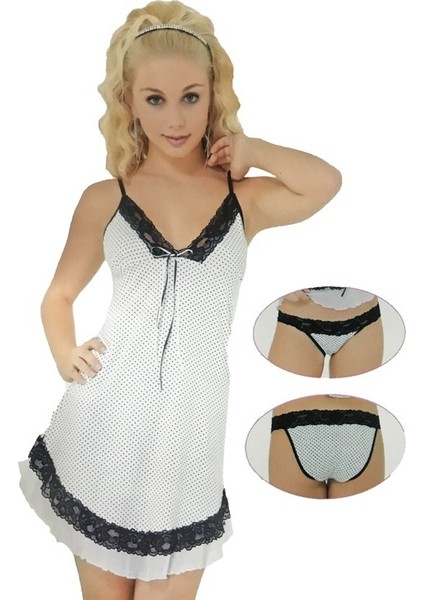 Pınar Beyaz Puantiyeli Gecelik ve Külottakımı fırsatları