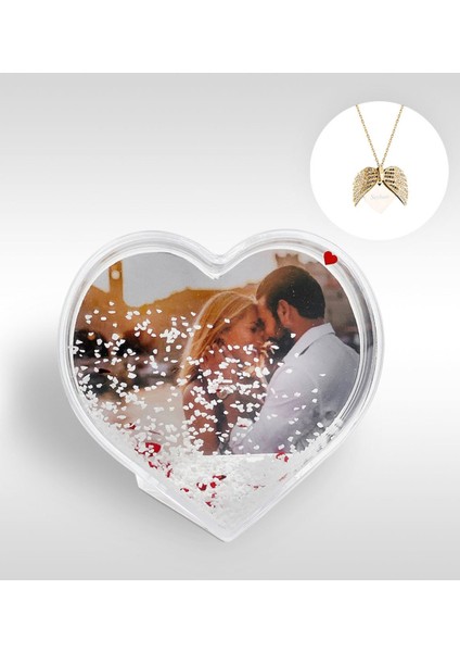Kişiye Özel Fotoğraflı Kalp Kar Küresi ve Gold Melek Kanadı Kolye-1