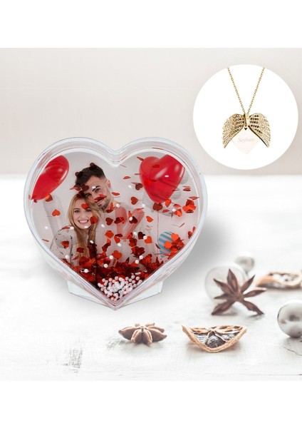 Kişiye Özel Fotoğraflı Kalp Kar Küresi ve Gold Melek Kanadı Kolye-1 fırsatları