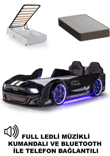 Siyah Kapıları Açılan Mustang Full Ledli Kumandalı ve Müzikli + Ortopedik Yatak Bazalı Arabalı Yatak
