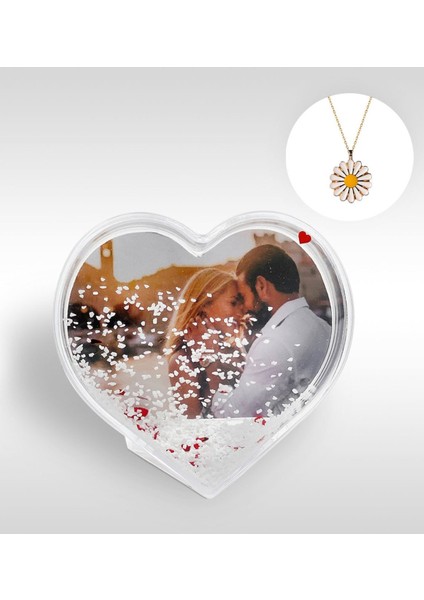 Kişiye Özel Fotoğraflı Kalp Kar Küresi ve Papatya Kolye-1 fırsatları