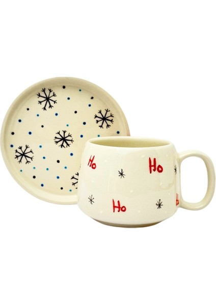 Ho Ho Ho Tabaklı Double El Yapımı Seramik Kupa, Seramik, Double Türk Kahvesi, Nescafe Fincanı